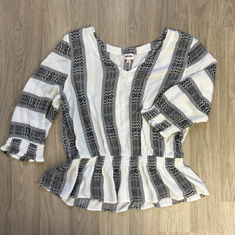Dizzire Womens XL Peplum Top Stripe Black White Festival Coastal Grandma Boho